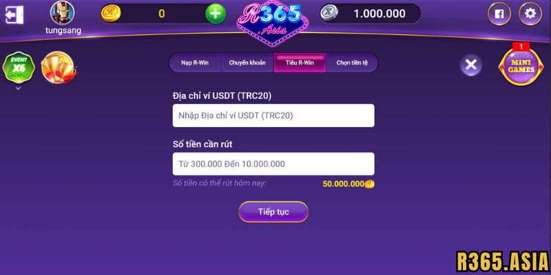Hướng dẫn Rút tiền R365 bằng USDT, USDC
