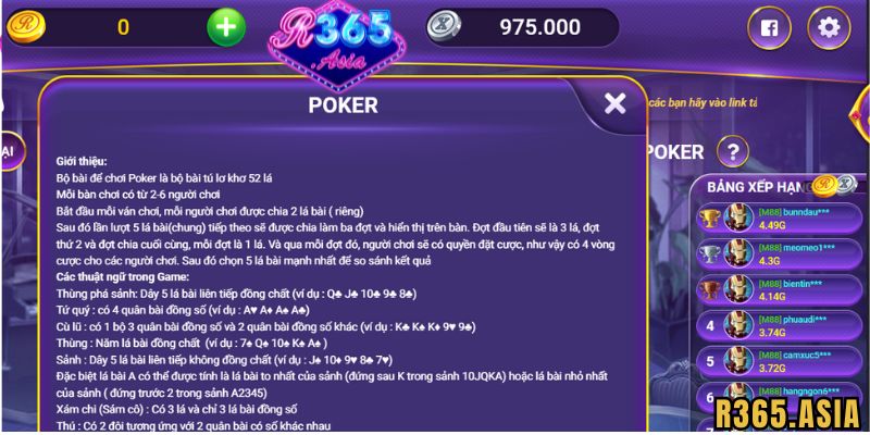 Hướng dẫn chơi bài Poker R365